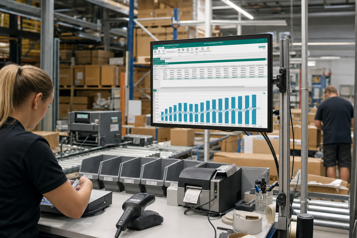 Arbeitsstation im Lager mit Monitor zur Bestandsanalyse und historischer Bestandsauswertung