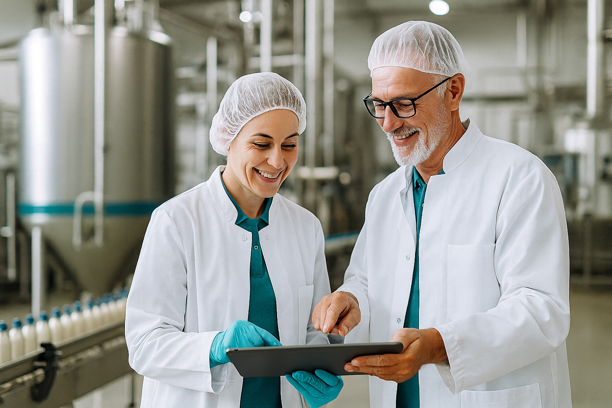 Zwei Mitarbeitende besprechen Produktionsdaten und die Vorteile der automatisierten Datenübernahme.