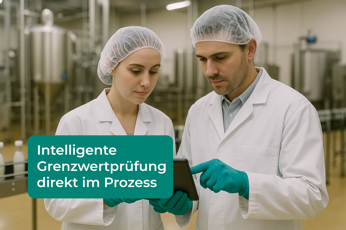 Zwei Mitarbeitende prüfen Grenzwerte auf Tablet