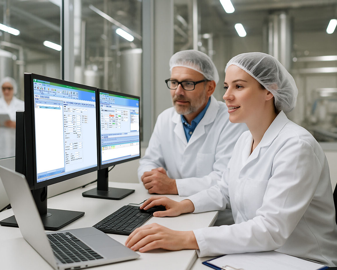 Mitarbeitende in der Lebensmittelproduktion besprechen Lieferantenverwaltung