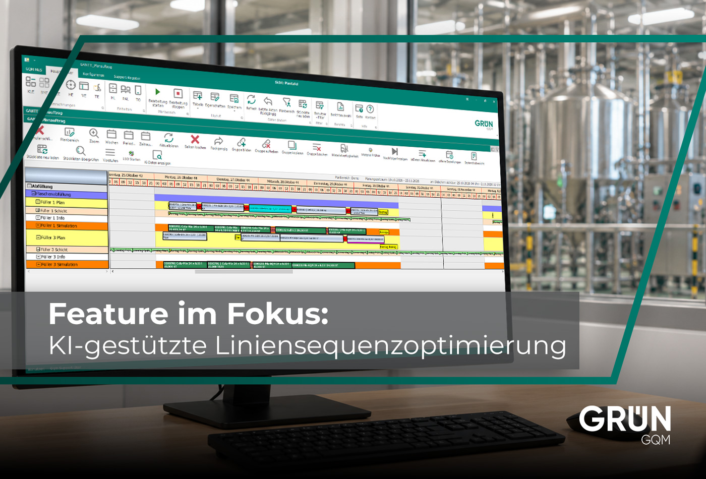 Monitor im Produktionsb&uuml;ro zeigt die GR&Uuml;N GQM MES Plantafel mit Gantt-Planung zur Liniensequenzoptimierung