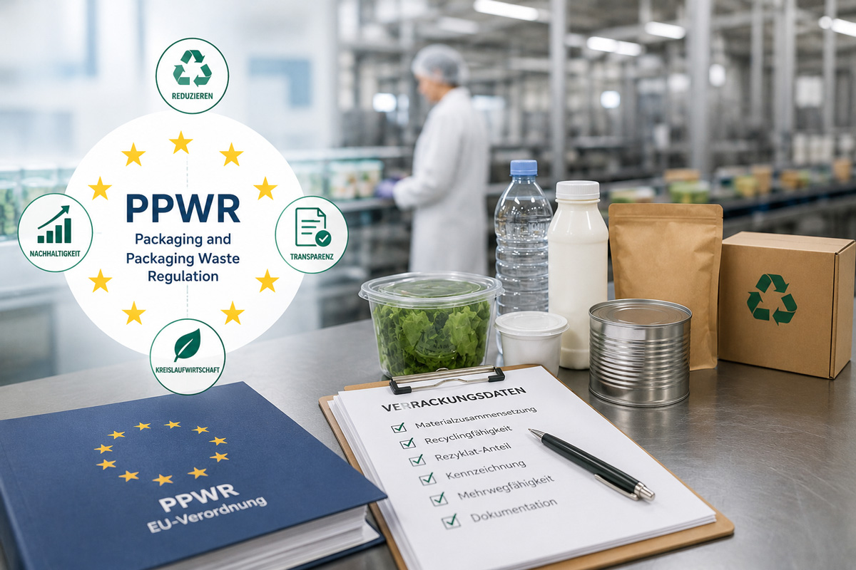 Mitarbeiterin pr&uuml;ft Frischk&auml;severpackungen in der Lebensmittelproduktion f&uuml;r PPWR-Dokumentation