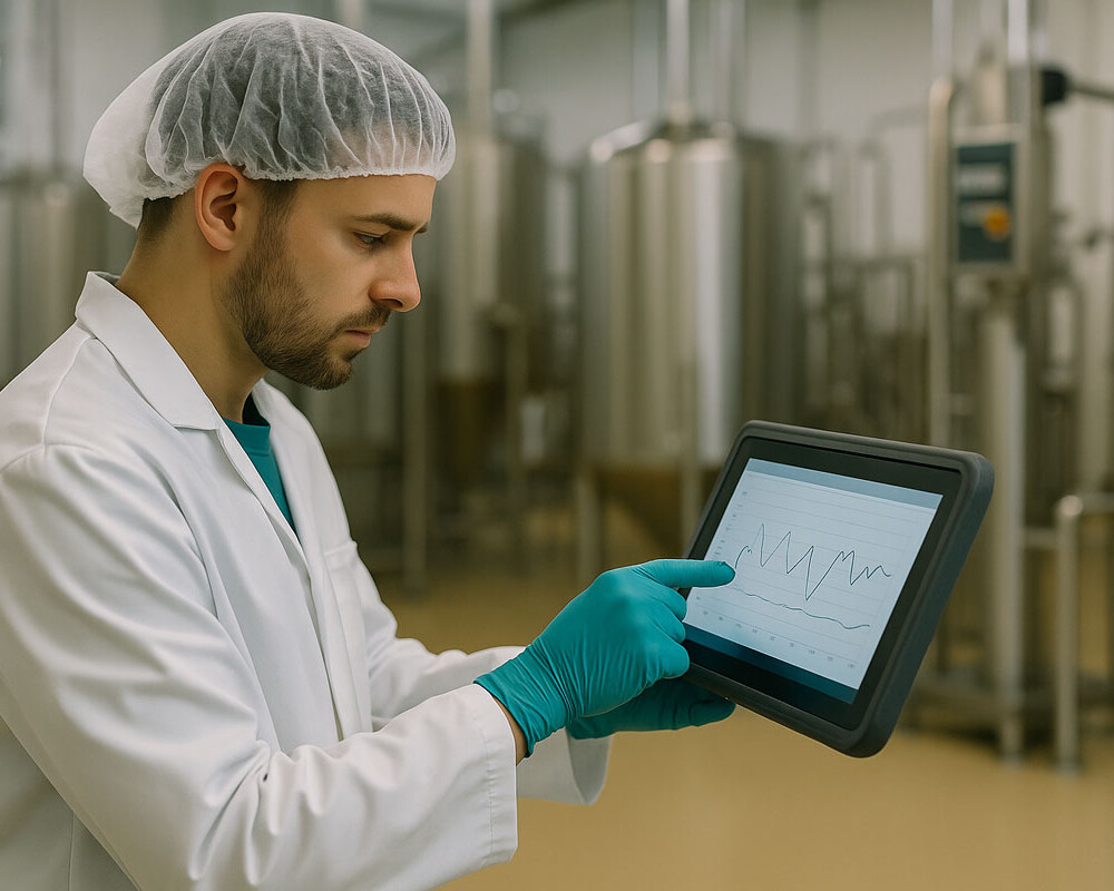 Qualitätssicherungsmitarbeiter überprüft Qualitätsregelkarte auf Tablet in der Lebensmittelproduktion