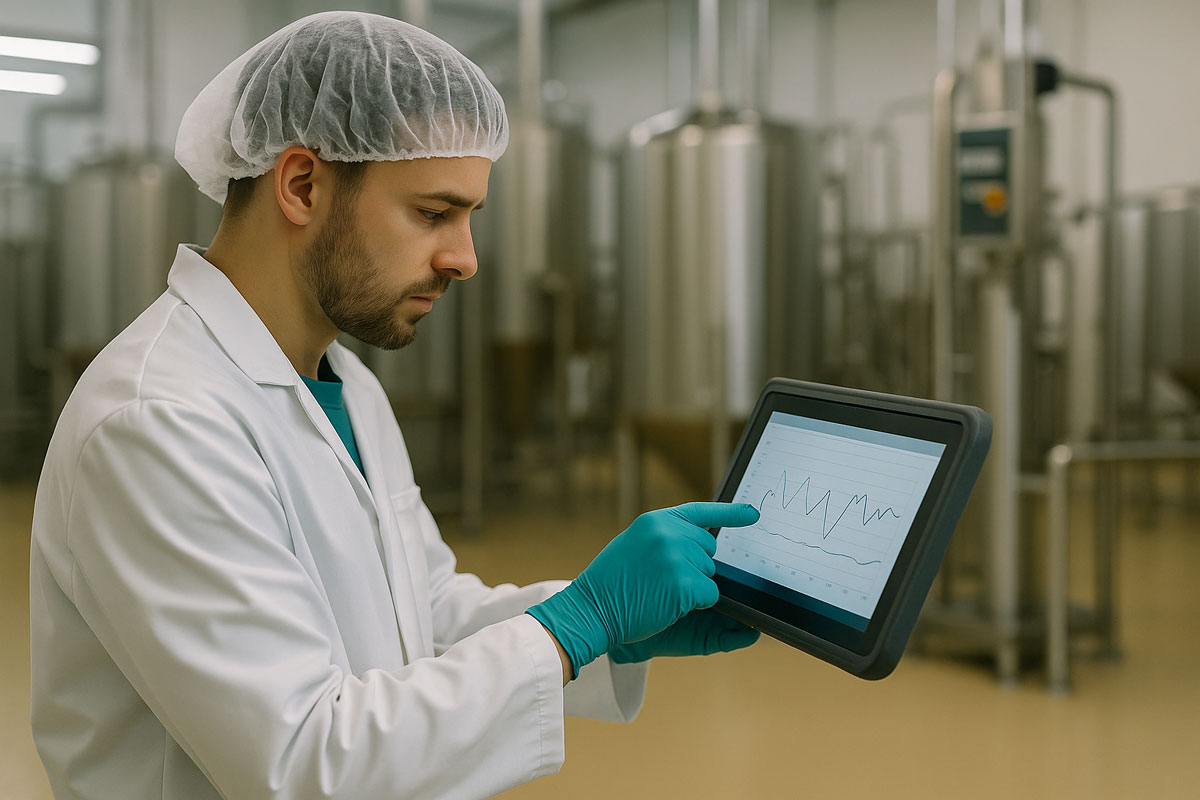 Qualitätssicherungsmitarbeiter überprüft Qualitätsregelkarte auf Tablet in der Lebensmittelproduktion