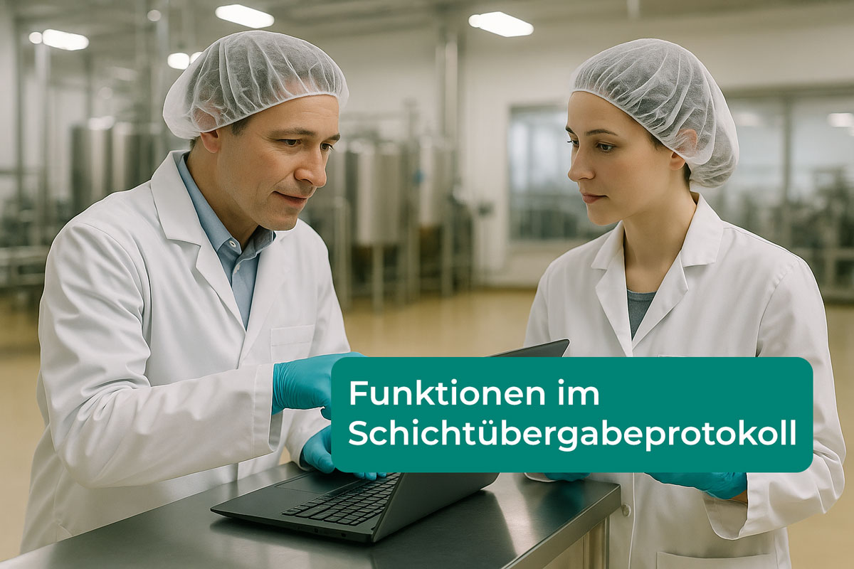 Mitarbeitende bei digitaler Schichtübergabe im GQM MES in der Produktion