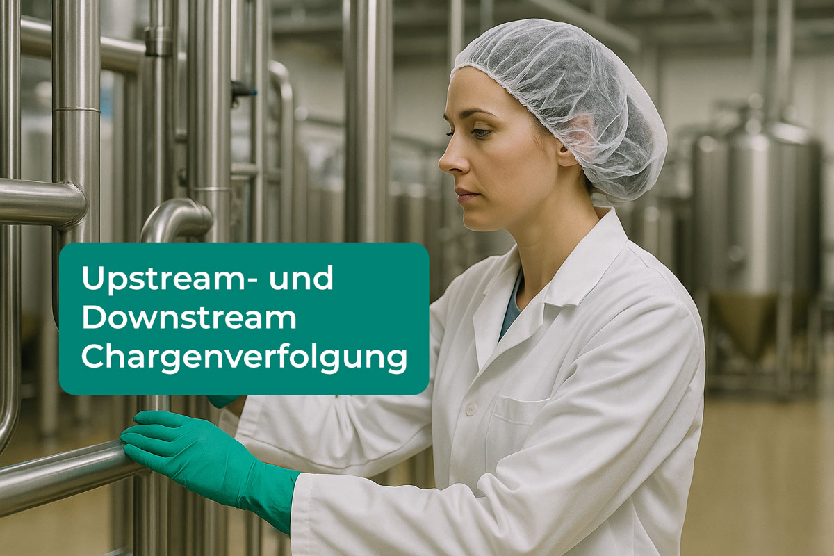 Mitarbeiterin prüft Anlagen zur Chargenverfolgung in der Lebensmittelproduktion